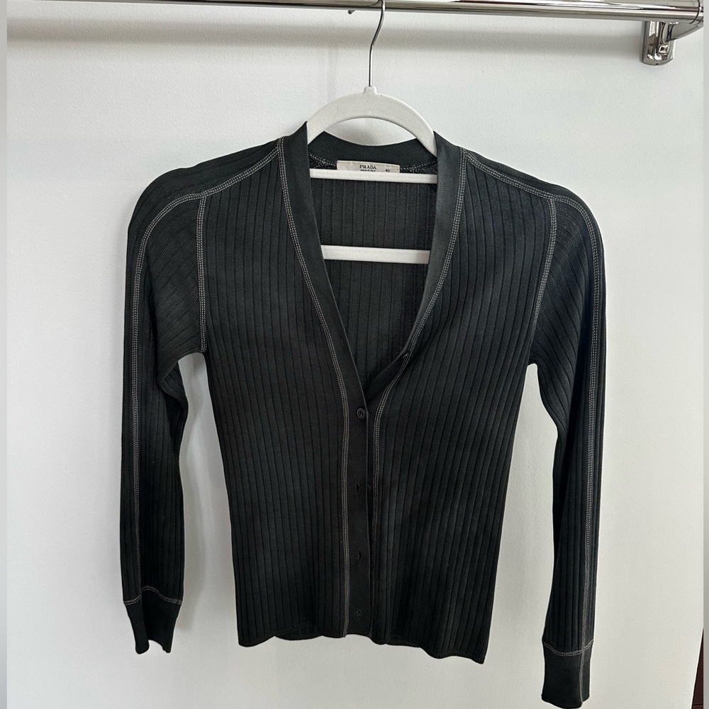 Prada 1990s RARE vintage silk knitted ribbed button v-neck top